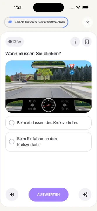 Prüfungsfrage im Lernfeed: „Wann müssen Sie blinken?“