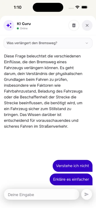 KI Guru erklärt die Frage „Was verlängert den Bremsweg?“