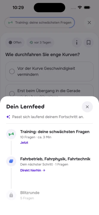 Dein Lernfeed: Training deiner schwächsten Fragen, nächster Schritt und Blitzrunde