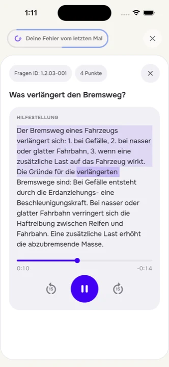 Vorlesefunktion mit mitlaufender Markierung in der Hilfestellung